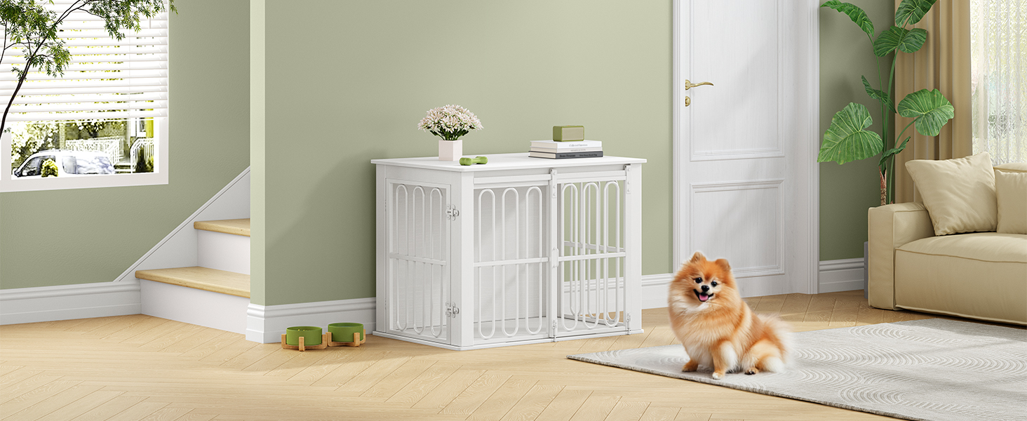 Дерев'яний вольєр для собак, 81 см, переноска для собак, клітка з 2 дверцятами, розсувні двері, для маленьких та середніх собак, міцний, з функцією столику, 81 × 55 × 62,4 см, білий