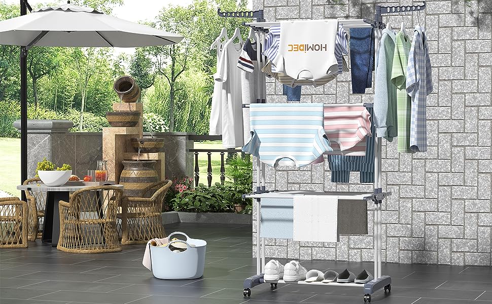HOMIDEC Clothes Drying Rack Clothes Dryer Tower with Wheels, Space-Saving - with 6 Folding Wings and 2 Swivel Side Wings, Stainless Steel Standing Dryer Clothes Tower for Indoor and Outdoor Use, Grey Grey XL