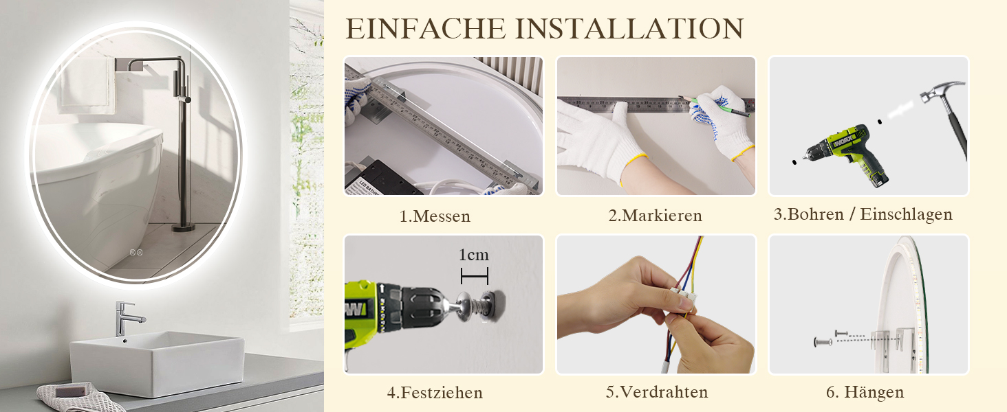 Дзеркало для ванної кімнати з підсвічуванням LED, антизапар, сенсорне управління, регулювання яскравості, 3 кольори світла, функція пам'яті, захист від вибуху, кругле дзеркало 50 см