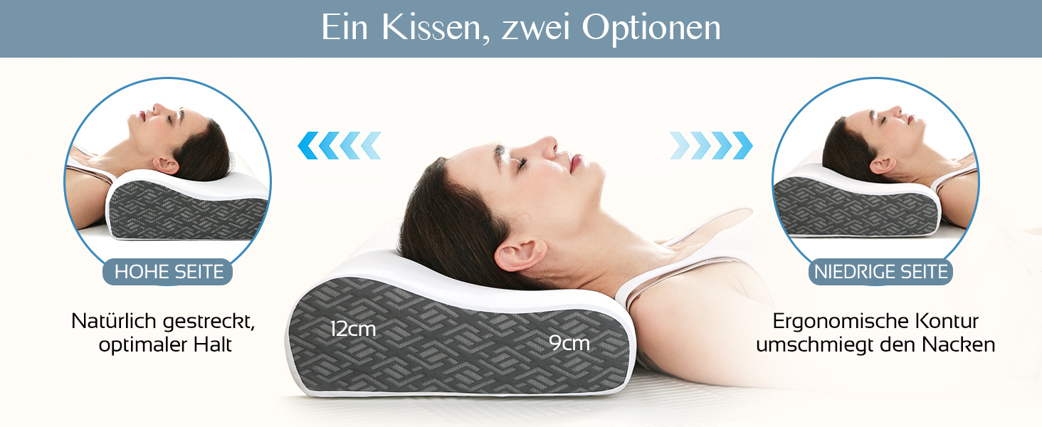 Ергономічна подушка з ефектом пам'яті (Memory Foam) для підтримки шиї та голови, для сну на боці, спині та животі, з дихаючим чохлом, темно-сіра (Charcoal), 61 x 35 x (9/12) см