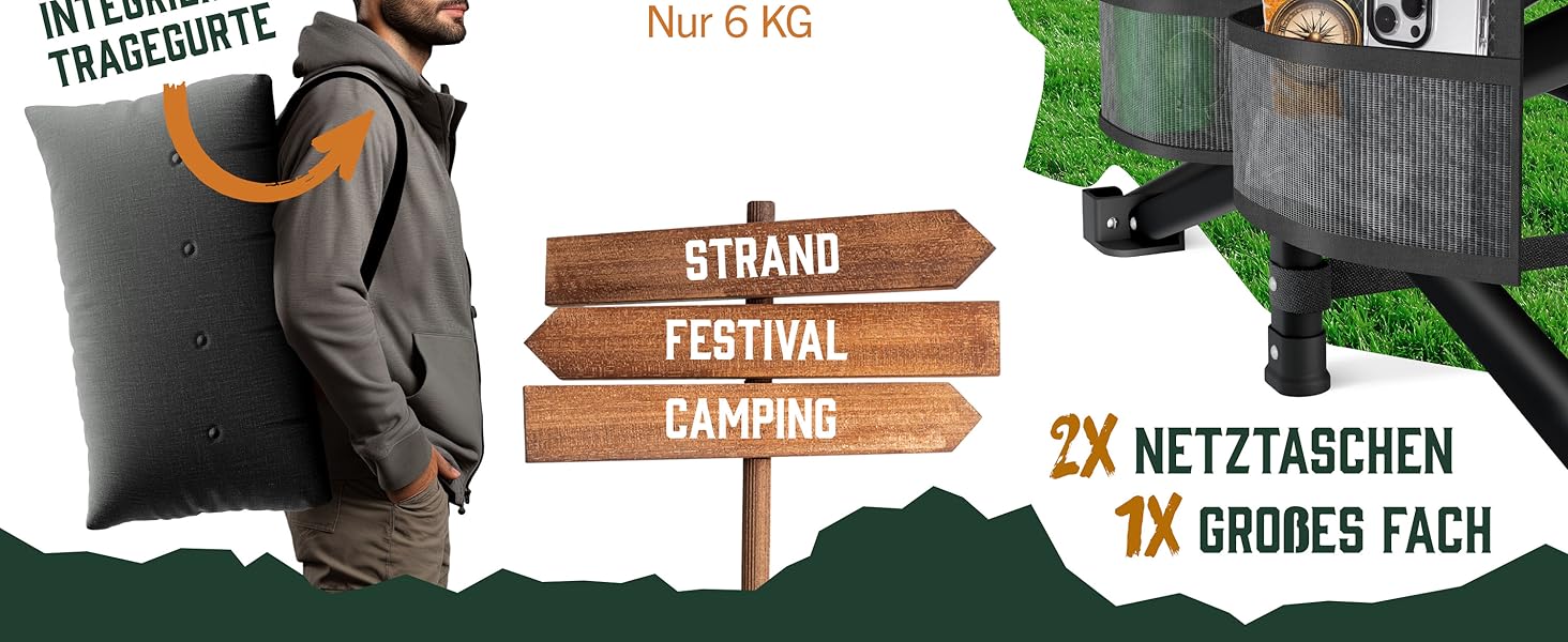 Ліжко кемпінгове розкладне ELONEO NEU Преміум з навантаженням до 200 кг | Гостьове ліжко, лежак для відпочинку в приміщенні та на вулиці | З сумкою для транспортування (Антрацит)