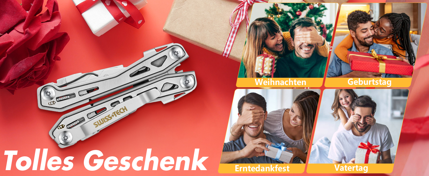 Мультитул Swiss+Tech 16 в 1: мультифункціональний інструмент з нержавіючої сталі з ножем, відкривачкою та кліпсою для ременя. Ідеально для кемпінгу та ремонту. З чохлом (Срібний)