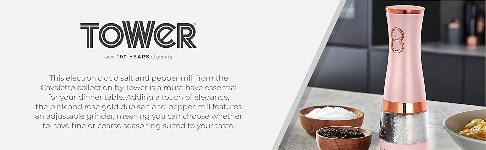 Електричні мельниці для солі та перцю Tower, рожево-золоті, з регульованими керамічними жорнами, T847004PNK Marshmallow Pink