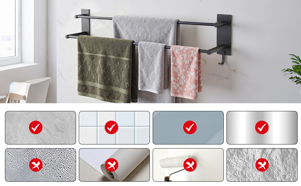 Тримач для рушників без свердління, 60 см, самоклеючий, з гачками, нержавіюча сталь, вологостійкий, для ванної кімнати та кухні (Чорний, 40 см)