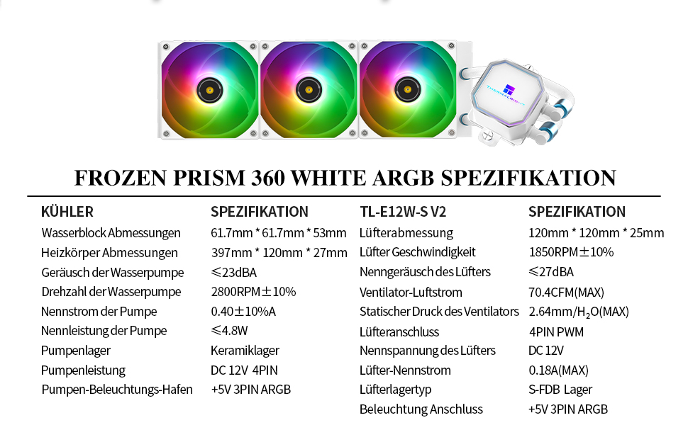Система рідинного охолодження процесора Thermalright Frozen Prism 360 White ARGB, 360мм, 3 PWM вентилятори, для Intel LGA1700/1851/1200/115x та AMD AM4/AM5, Білий