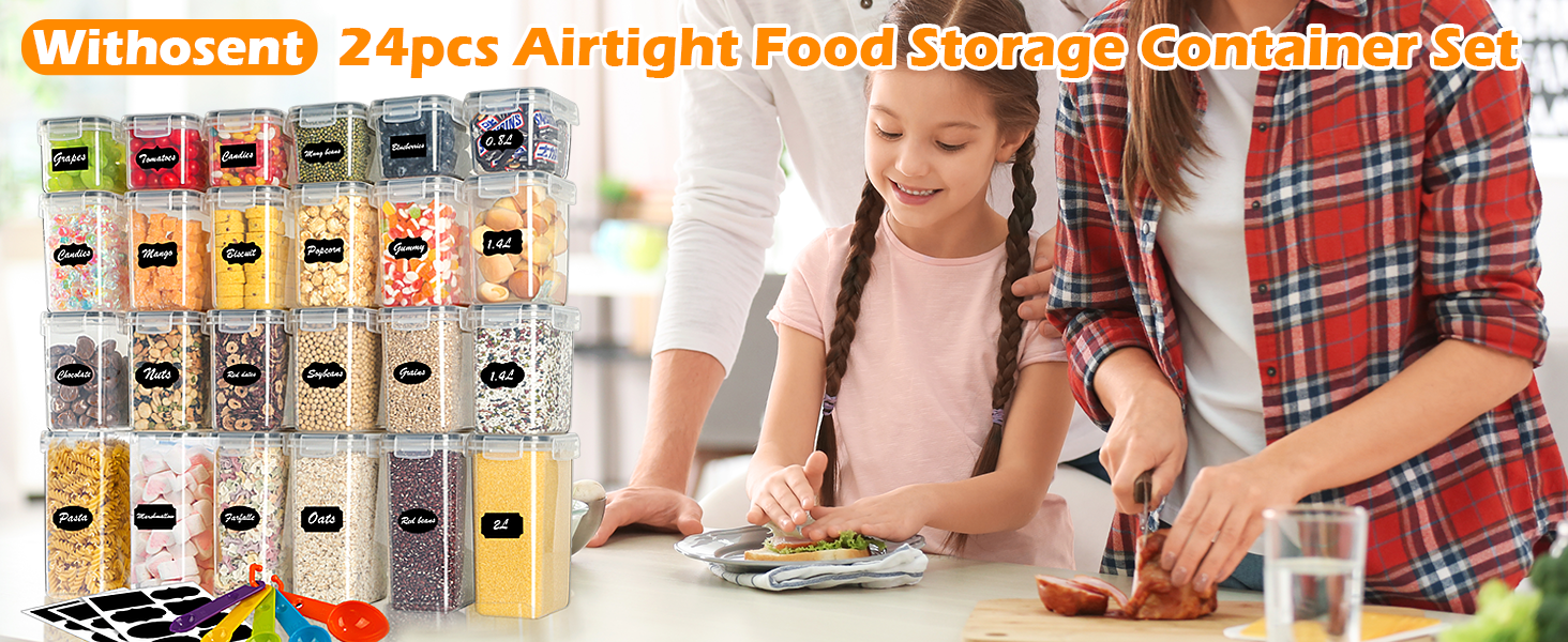 Набір контейнерів для зберігання Withosent (24 шт.) з кришкою, 2L, 1.6L, 0.8L
