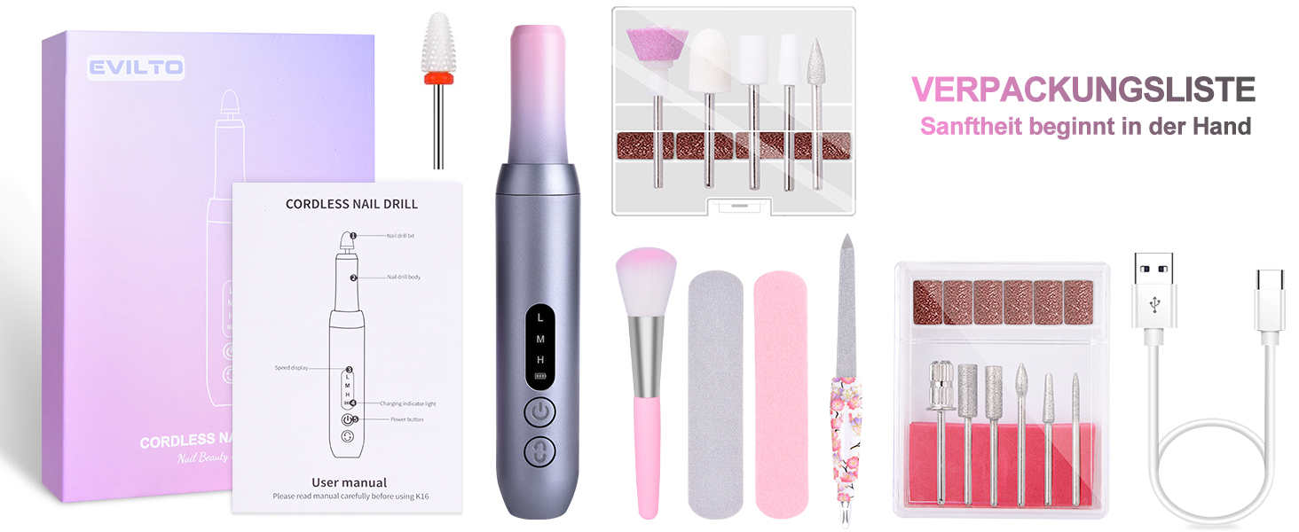 Електричний набір для манікюру та педикюру Nagelfräser: набір для шліфування, полірування та видалення гель-лаку, USB, 30000 об/хв, 3 швидкості, LCD-дисплей, сірий та рожевий