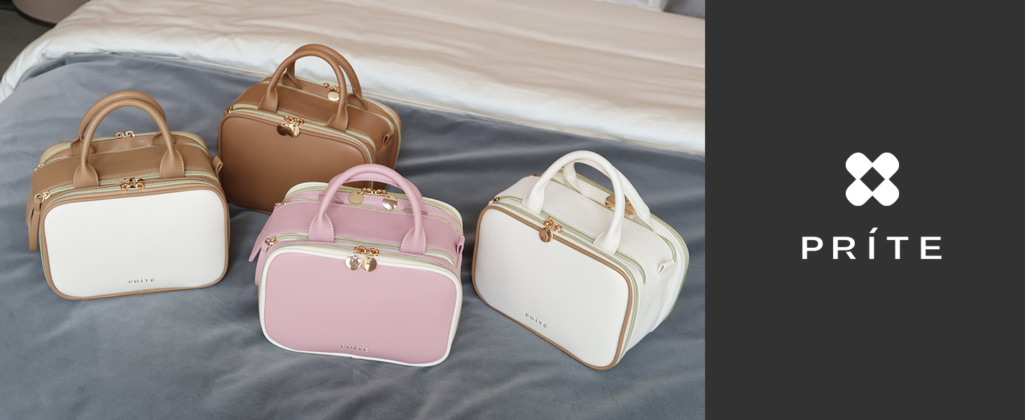 Косметичка для макіяжу Prite з великою місткістю, водонепроникна, з ручкою та кількома відділеннями, бежево-коричнева