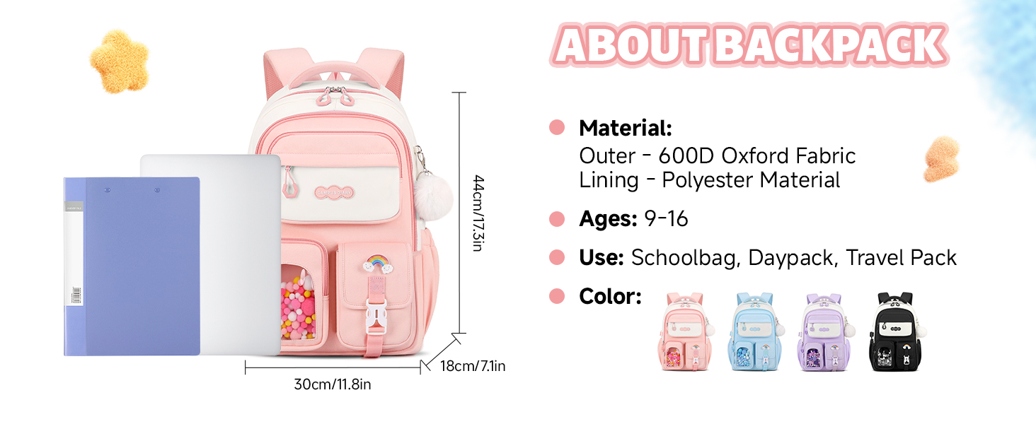 Шкільний рюкзак для дівчаток-підлітків, рожевий, з помпоном, тролей-петлею та світловідбивачами. Великий рюкзак для школи та подорожей, 3-7 клас, водонепроникний