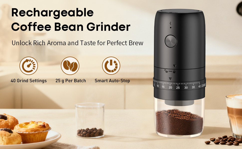 Електрична кавомолка Pawfly з керамічним жорном, 40 ступенів помолу, функцією Auto-Stop та щіткою для чищення. Професійна модель для подорожей та кемпінгу