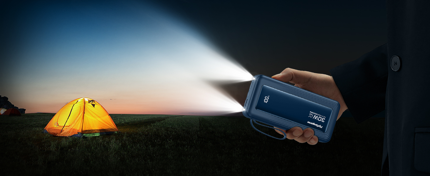 Повербанк 27000mAh з 4 вбудованими кабелями та LED-дисплеєм, швидка зарядка 30W USB-C для iPhone, Samsung, iPad та Android смартфонів (Темно-синій)