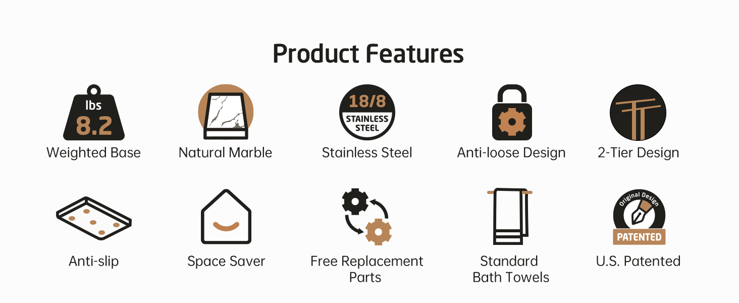 Підставка для рушників подвійна, настільна, з нержавіючої сталі SUS 304, з мамарморовою основою, чорного кольору, 84 см, BTH217-2
