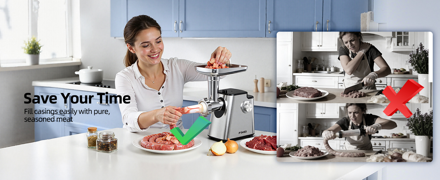 М'ясорубка електрична FIMEI 4-в-1 з насадками для ковбас та печива, нержавіюча сталь