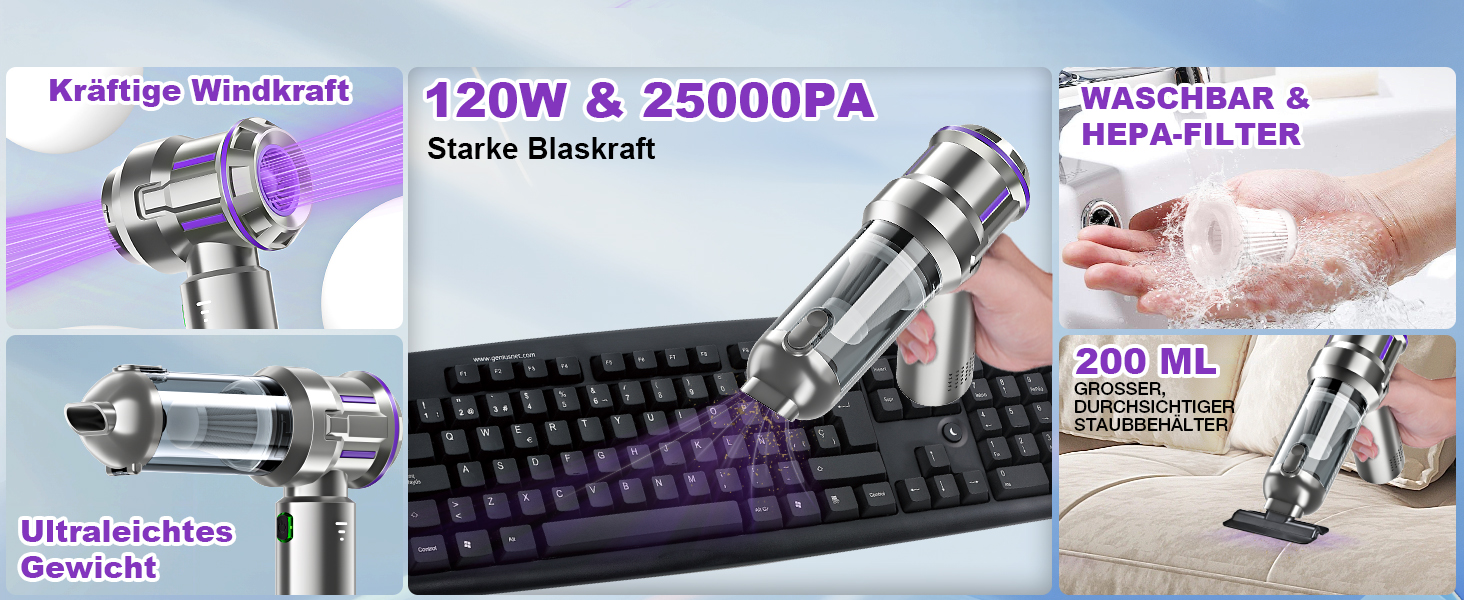 Бездротовий ручний пилосос RABIGALA 4-в-1, 25000PA, акумуляторний, для автомобіля та дому, електропілювач, фіолетовий