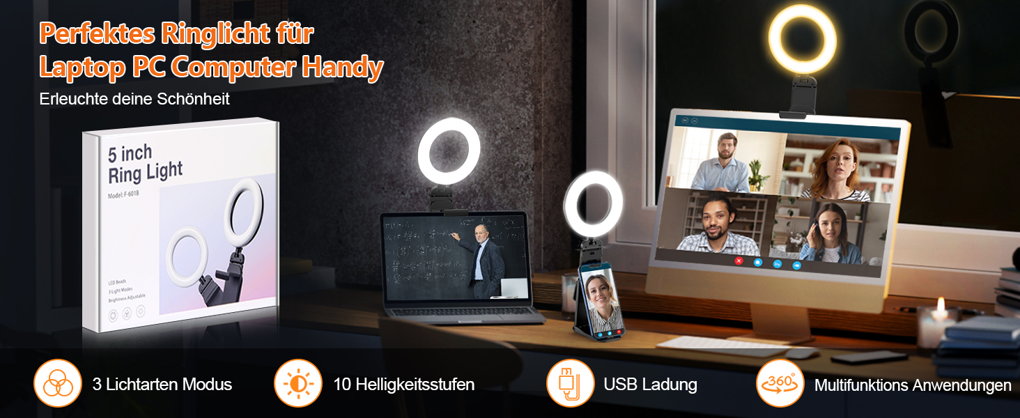 Ринго світло для ноутбука/ПК Evershop 5 дюймів з триподом та тримачем для телефону. 3 кольори світла, 10 рівнів яскравості, 360° обертання. Ідеально для відеоконференцій, онлайн-стрімінгу та Zoom.
