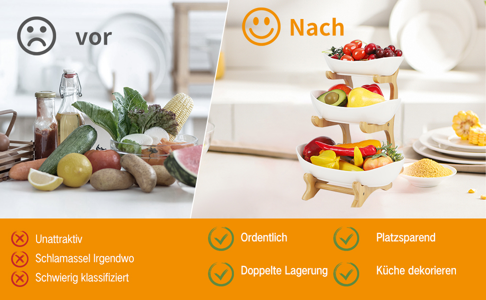 Багатоярусна фруктова миска з кераміки для кухні, 3 яруси, з дерев'яними підставками, для овочів, фруктів, снеків, декор