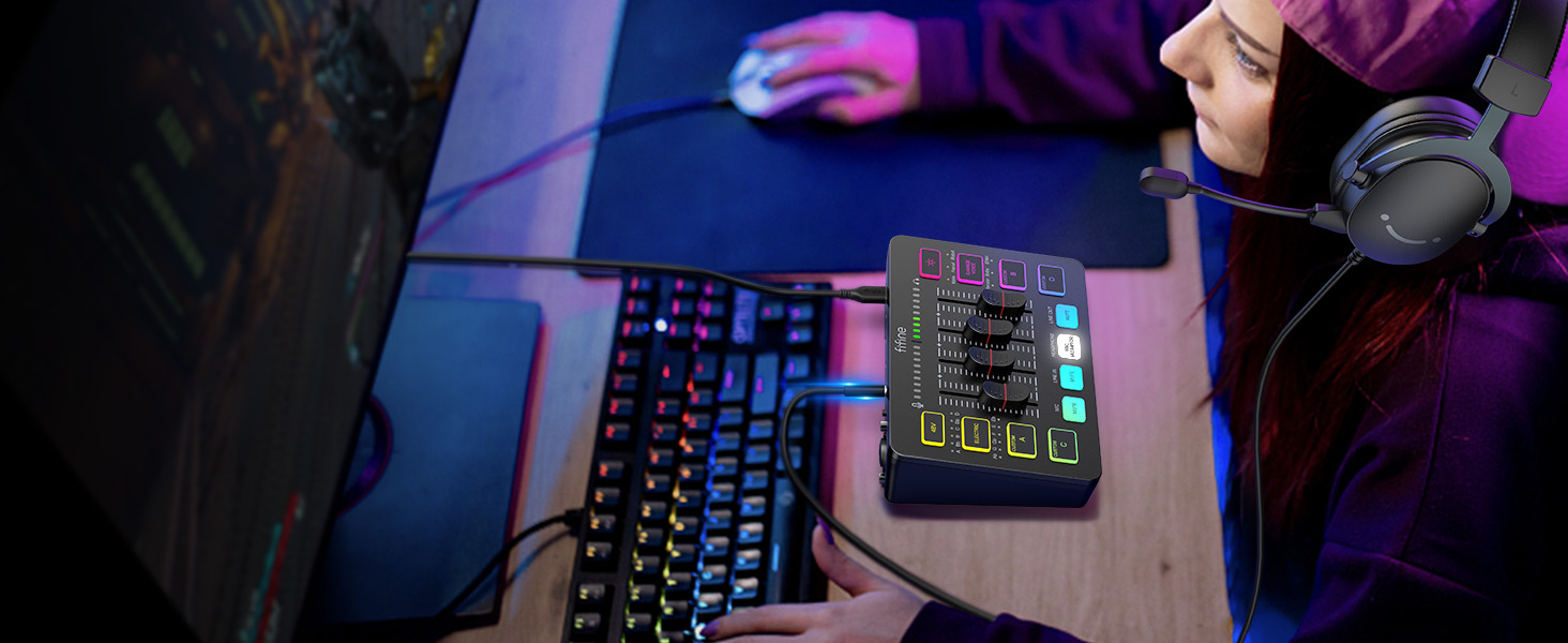 FIFINE ігровий аудіомікшер для ПК, RGB звукова карта для XLR мікрофона, аудіоінтерфейс для стрімінгу та музикантів, мікшерний пульт для геймерів і креаторів, індивідуальне керування, зміна голосу, чорний