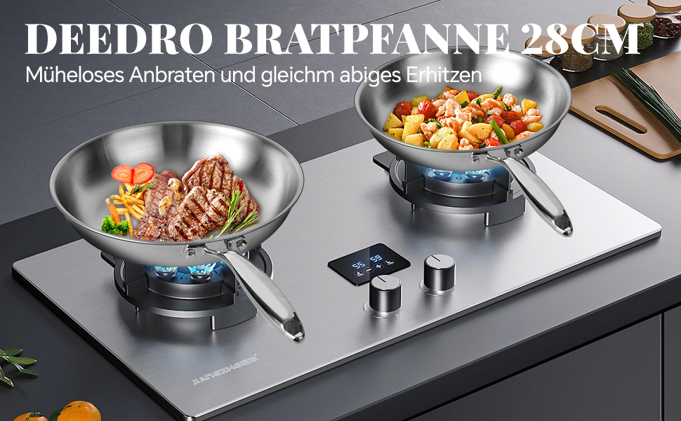 Сковорода Deedro 28 см, індукційна, нержавіюча сталь, без покриття, для всіх типів плит, знімний ручка, можна використовувати в духовці та мити в посудомийній машині