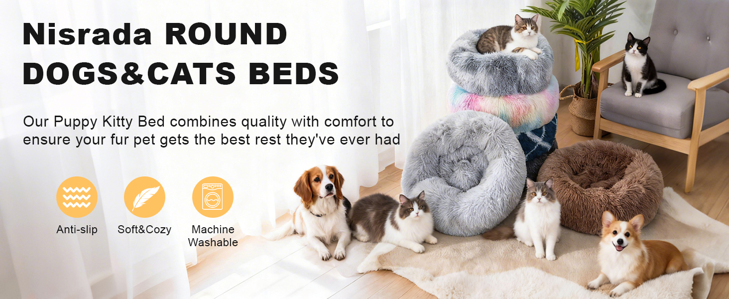 Кругле ліжко для котів та собак Nisrada, 60 см, рожеве, з неслизьким дном