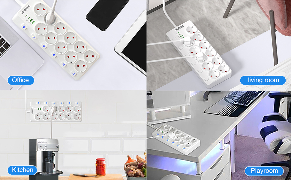 Многорозетка HEEKIM з USB, 11 розеток (2 USB-A, 2 USB-C), 4000W, 16A, з індивідуальним вимикачем, 2м кабель, для дому, школи, офісу