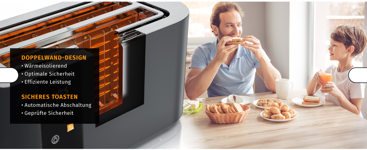 Тостер Arendo з нержавіючої сталі, 4 слоти, довгі прорізи, сенсорний екран, подвійні стінки, 1500 Вт, підставка для булочок, 6 рівнів підсмажування, центрування хліба, індикатор часу, пам'ять (B: Cool Grey)