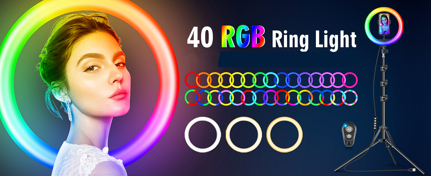 LED кільцева лампа з штативом для смартфона 10 дюймів, 40 RGB режимів, регульована яскравість, для селфі, YouTube, фото та відеозйомки