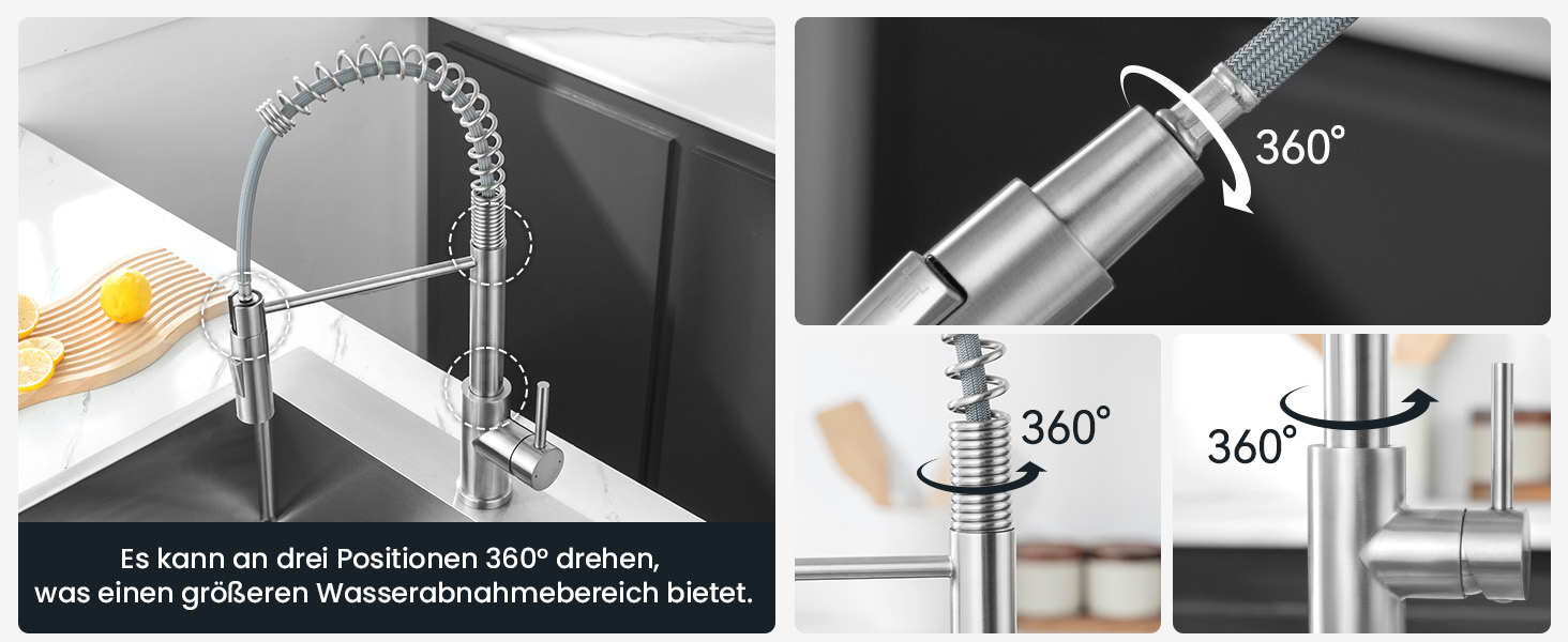 Кран кухонний CECIPA з висувною лійкою, високотискний, з двома режимами розпилення, поворотний на 360°, з нержавіючої сталі, матовий