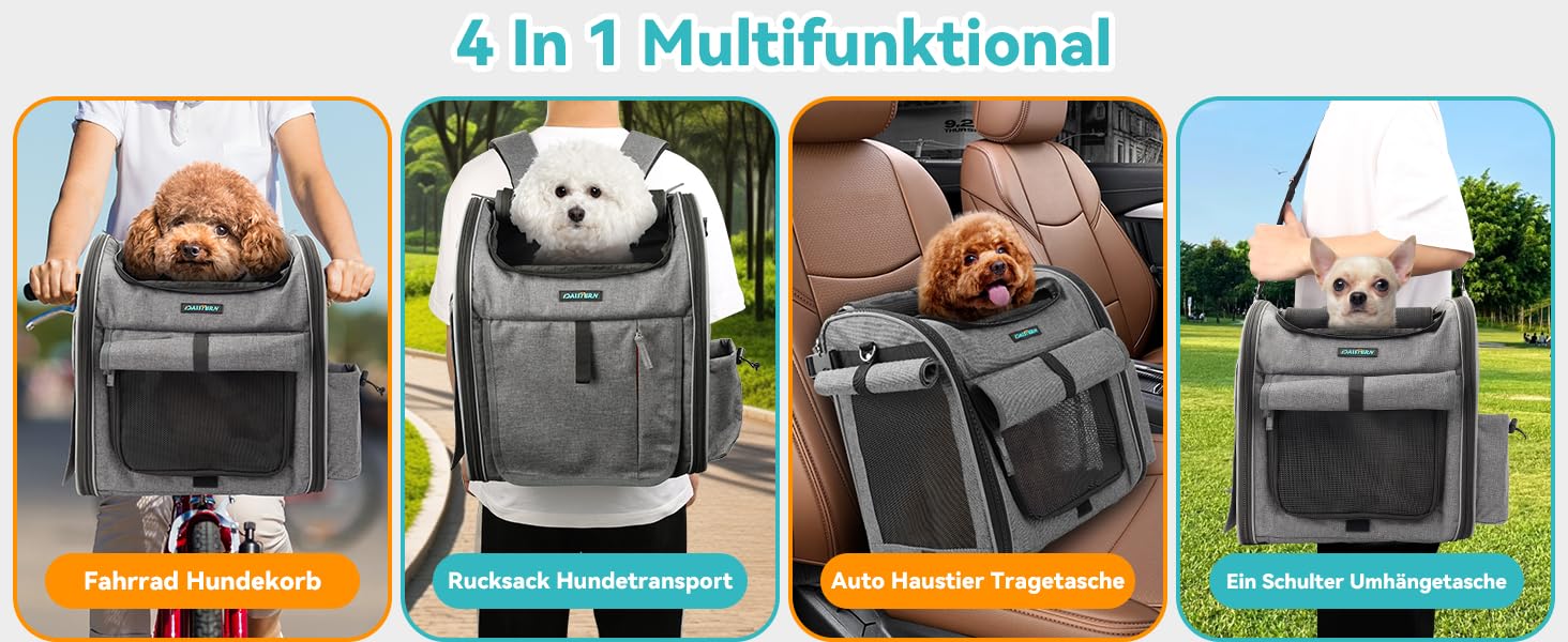 Корзина для собак на велосипед до 10 кг, складана, дихаюча, 4-в-1 (рюкзак, сумка на плече, автокрісло), з міцним L-подібним кріпленням Φ55mm, зручна подушка, світловідбиваючі смуги