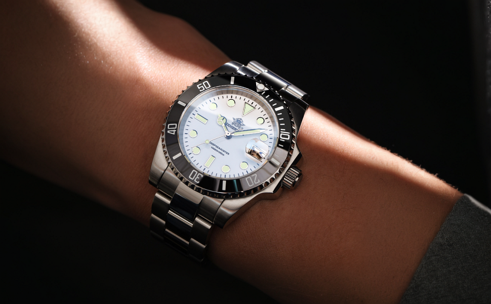 Чоловічий годинник ADDIESDIVE з кварцовим механізмом, аналоговий дисплей, водостійкий (20bar), сталевий браслет, великі світні стрілки (білий)