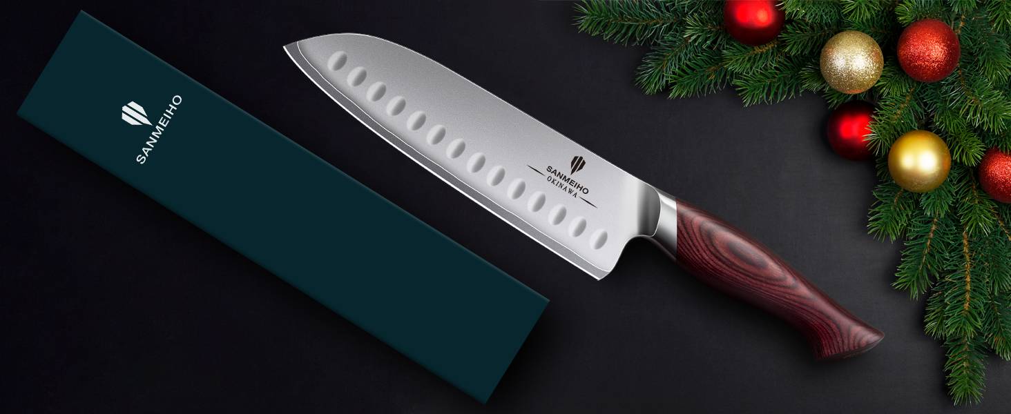 Ніж Santoku SANMEIHO Profi 18 см, японська сталь 10Cr15Mov, кухонний ніж для м'яса, риби та овочів з дерев'яною ручкою Пака
