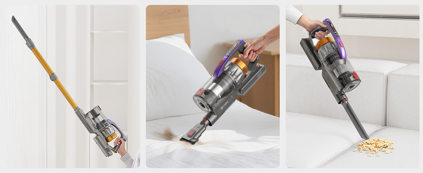 Бездротовий акумуляторний пилосос CHEBIO 580W з LED-дисплеєм, антизаплутувальною насадкою та потужністю 48000Pa. Підходить для прибирання підлоги, килима та шерсті тварин.