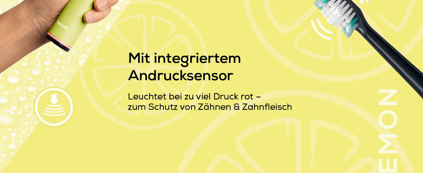 Beurer SC 50 Електрична звукова зубна щітка з 5 режимами чищення, датчиком тиску та дисплеєм (Splashy Lemon)