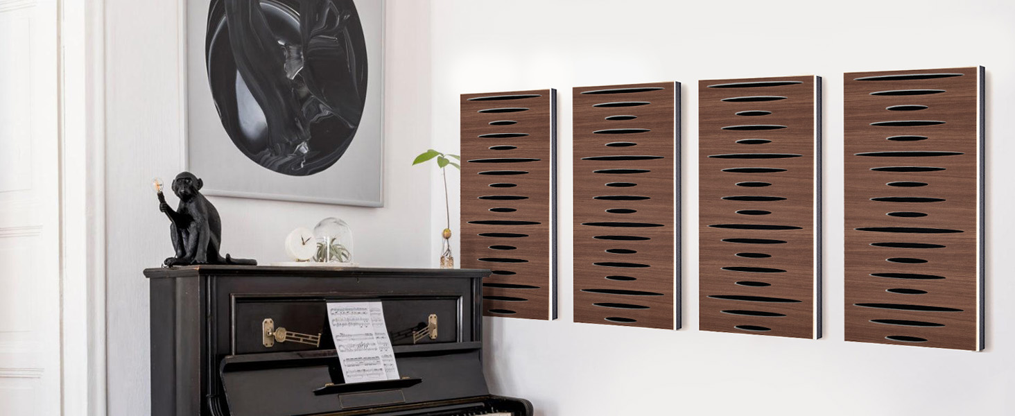 Акустичні панелі JBER для звукоізоляції стін, самоклеючі шумопоглинаючі плити з імітацією темного горіха (еліптичний візерунок), 60×30×4.5 см, 4 шт — для студії та дому