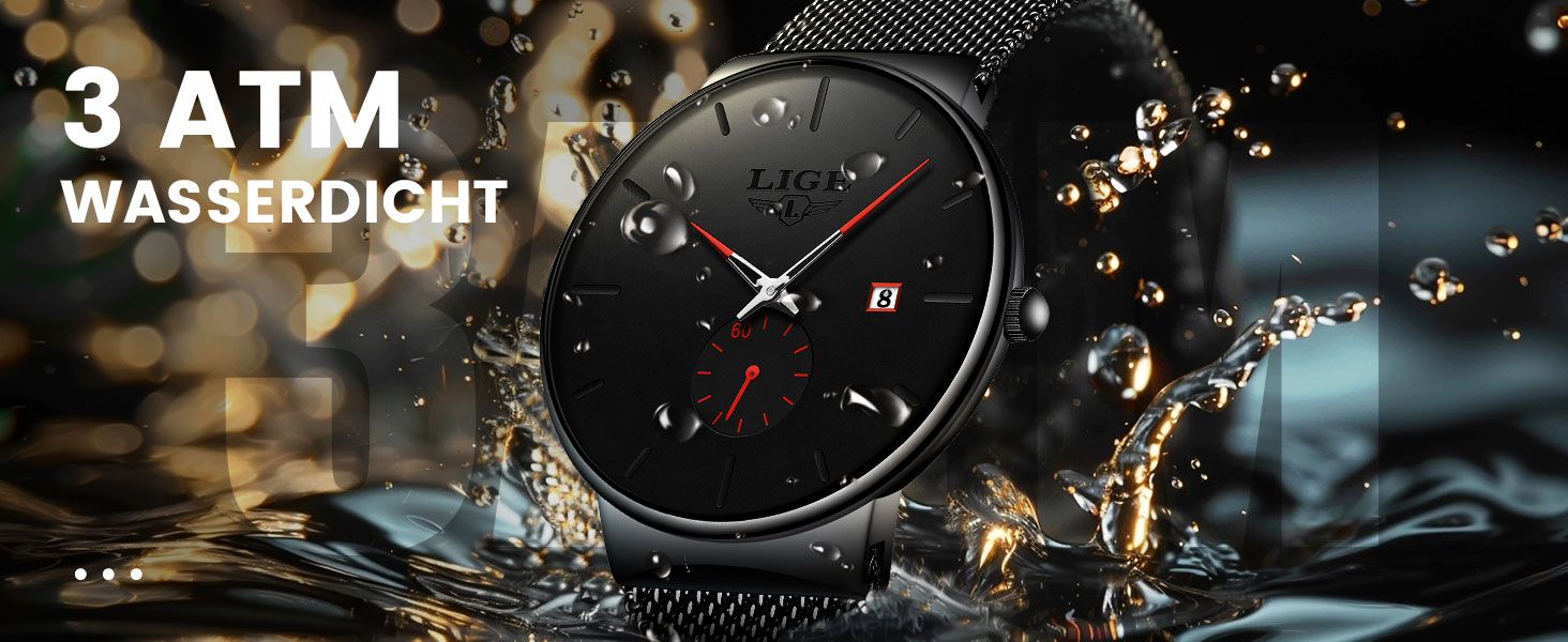 Годинник чоловічий LIGE Retro з металевим браслетом, водонепроникні, аналогові, кварцові, з датою, стильні, для бізнесу та повсякденного носіння (червоний, чорний)