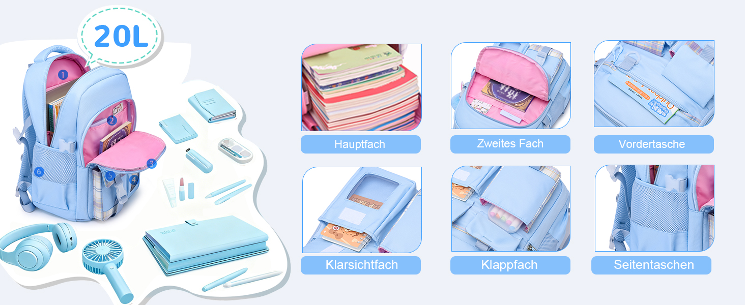 Шкільний рюкзак для дівчаток, водонепроникний та дихаючий, для 1-5 класів з відділенням для ноутбука, блакитний + ізольована ланч-сумка + пенал