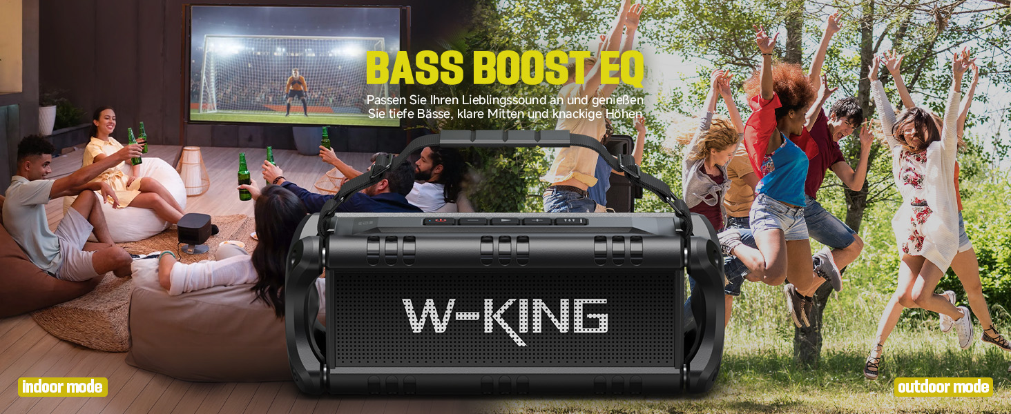 W-KING Портативна Bluetooth Колонка 90W з Глибоким Басом, DSP, 40 годин акумулятора та IPX6 Захистом від Води. Підтримка Powerbank, EQ, AUX та TF-карта. Чорний Колір. Ідеально для кемпінгу, пляжу та саду.