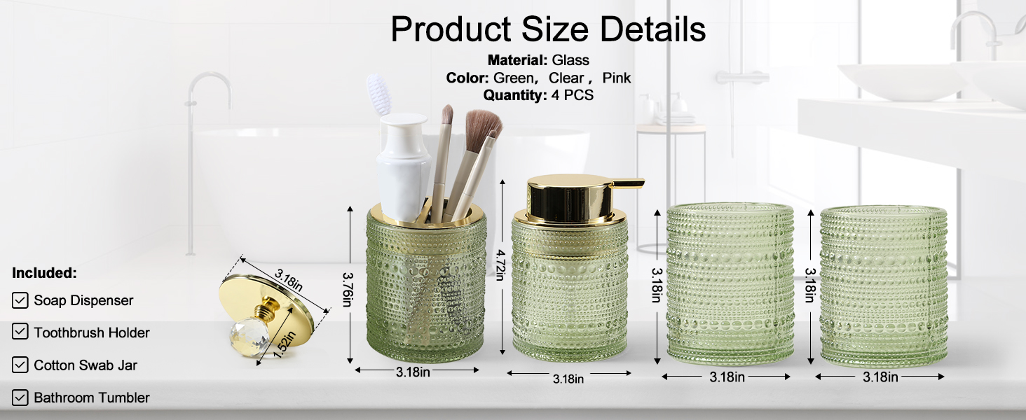Набір аксесуарів для ванної кімнати Dasiton зі скла, 4 шт: дозатор для мила, тримач для зубних щіток, стаканчик для зубної пасти, контейнер для ватних паличок, декор для ванної кімнати, преміум-якість (зелений)
