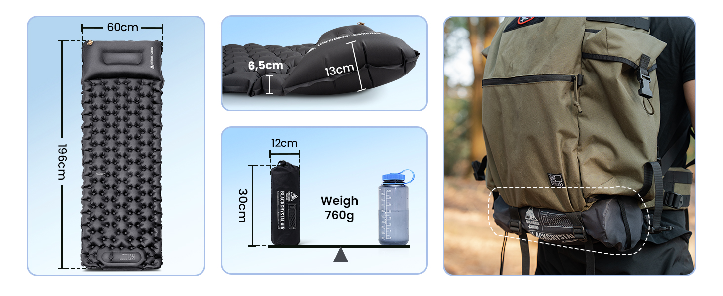 OneTigris BLACKCRYSTAL Self-Inflating Camping Mat with Pillow - Ultralight Air Mattress for Tent, Backpacking & Hiking