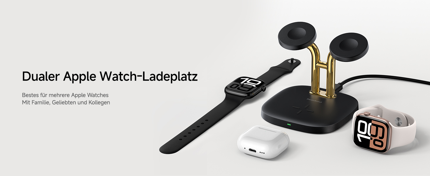 Зарядна станція SwanScout Doppel Watch 704A для Apple Watch 10/Ultra/9/8/7/6 та AirPods Pro (3.3W, без адаптера, чорний/золотий)