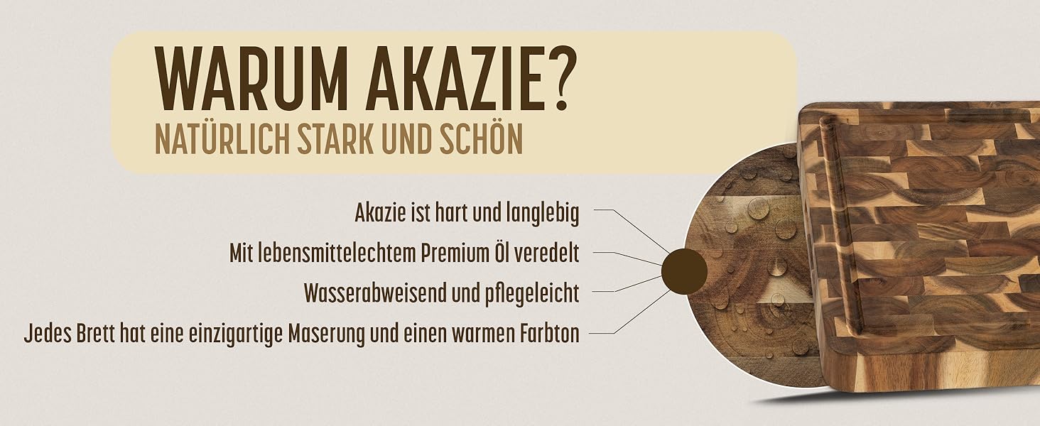 Дерев'яний обробний дошка Hackblock Classic з акації, 45 x 30 см, з канавкою для соку, преміум-якість