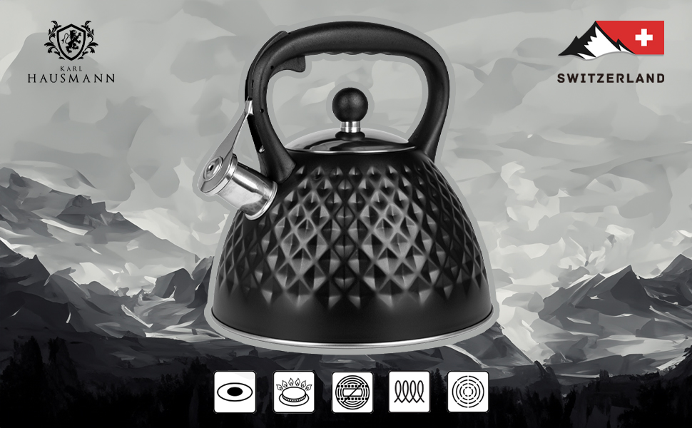 Чайник Karl Hausmann 3L з автоматичним свистком - чорний, з нержавіючої сталі, для індукційних, газових та електричних плит