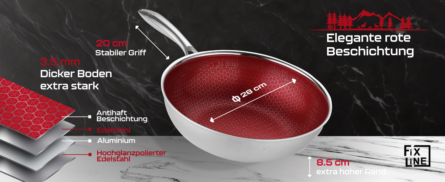 FIXLINE® Вок з антипригарним покриттям 28 см - без PTFE, для всіх плит (індукція), можна використовувати в духовці до 230°C, легко миється, ідеальний подарунок