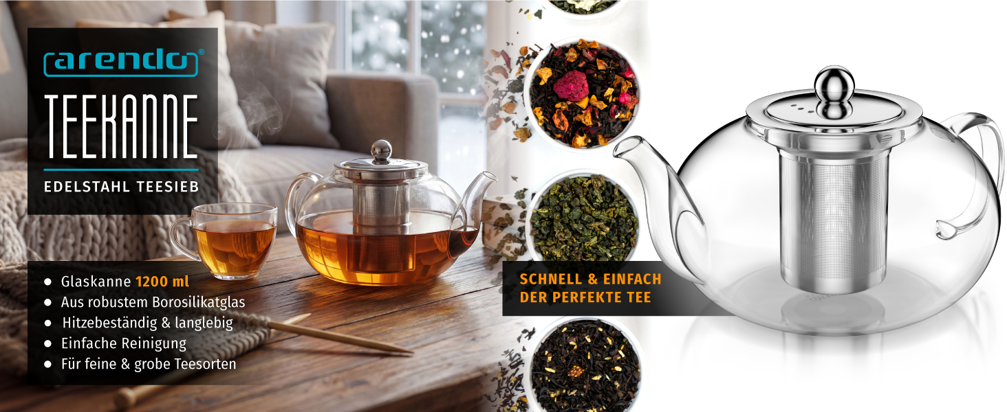 Скляний чайник Arendo з ситечком з нержавіючої сталі, боросиликатне скло, 1200 мл, термостійкий для листового, трав'яного та фруктового чаю