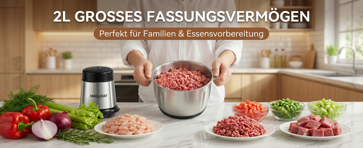 Електричний подрібнювач для кухні 2L з нержавіючої сталі. Подрібнювач для м'яса, овочів та цибулі з 4 лезами.