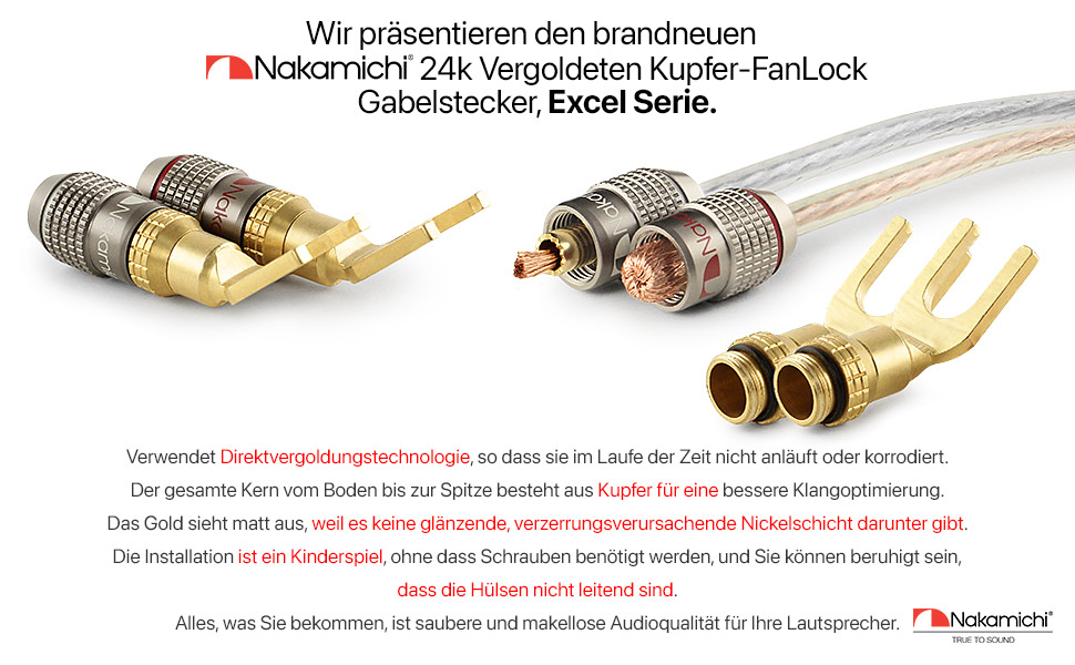 Позолочений Y-подібний роз'єм Nakamichi FanLock Excel-Serie для акустичних кабелів 10-18 AWG, 4мм, для Hi-Fi стерео та домашнього кінотеатру, 4 шт (2 пари)