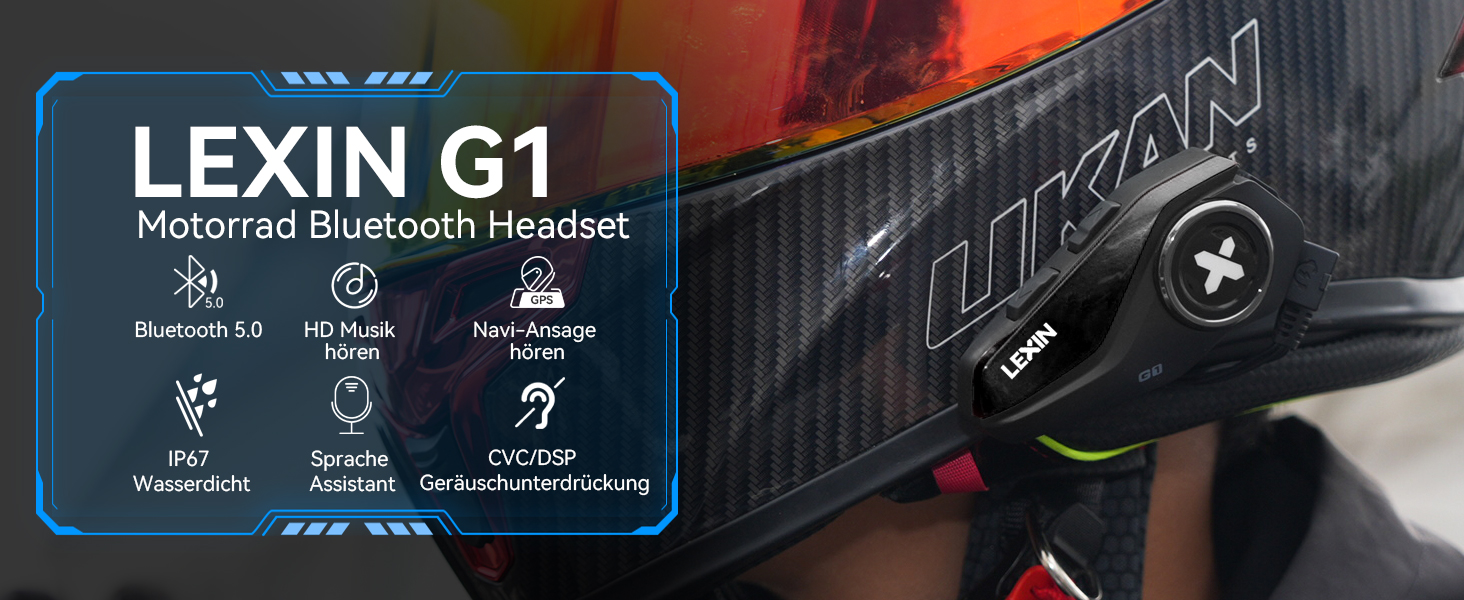 Bluetooth-гарнітура для мотошолома LEXIN G1, Bluetooth 5.0, HD динамік, шумозаглушення DSP/CVC, для музики, навігації та дзвінків, голосовий асистент, одиночна упаковка