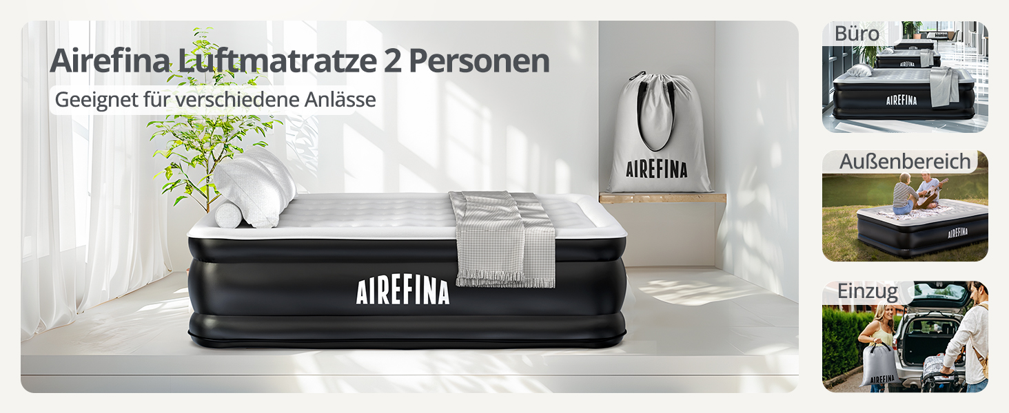 Надувне ліжко Airefina на 2 особи з самонадувною системою та вбудованим насосом, для кемпінгу та дому, міцне гостьове ліжко 203 x 152 x 46 см