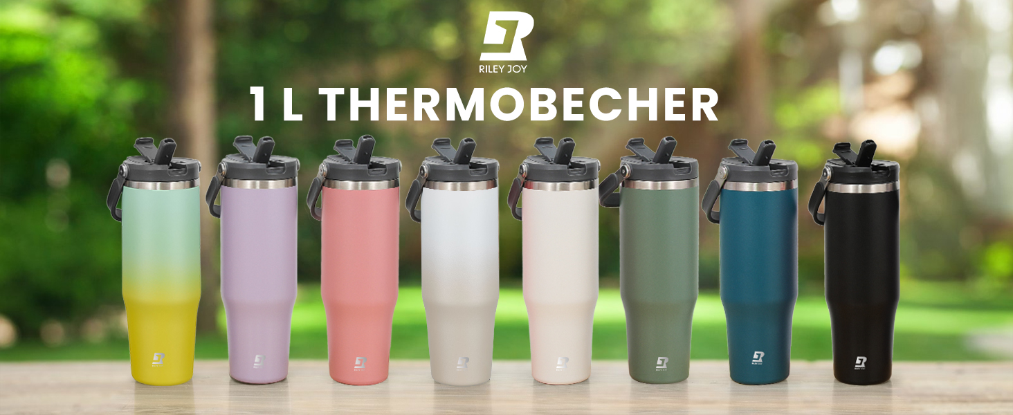 Термокружка Riley Joy 2.0 з нержавіючої сталі 1л з трубочкою та ручкою - для кави з собою, блакитна