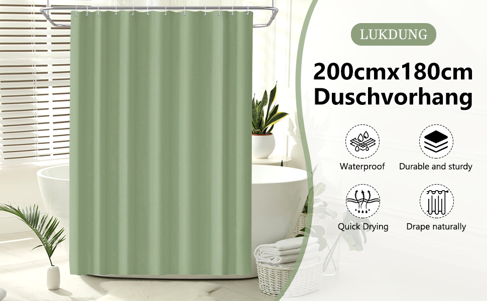 Завіса для душу 180x180 см, водонепроникна, антигрибкова, з кільцями (зелена)
