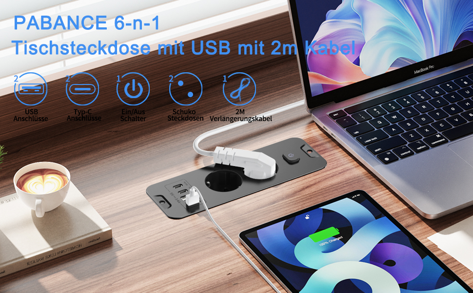 Мережевий адаптер 5-портовий з індивідуальним вимикачем, з 2 USB-A та 2 USB-C, розподільчий блок живлення 5-портовий з вимикачем, мережева стрічка з кріпленням на стіну та 2м кабелем, PD 20W - (2 розетки, 4 USB, чорний)